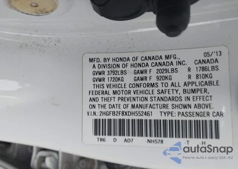 2013 Honda Civic Ex из США, поврежденный, VIN 2HGFB2F8XDH552461